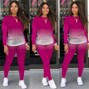 TMUSTOBE Two Piece Set Women Fashion Gradient Imprimez BodyCon TrackSuit Long Sleeve Top Biker Joggers Pantal