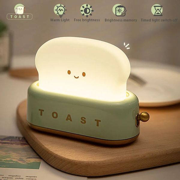 Tostada de dibujos animados LED luz de noche linda decoración del hogar Kawaii pan lámparas de mesa noche lactancia luz portátil con temporizador lámpara pequeña 240119