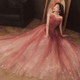 Toast Red Wedding Bride Bra Long 2024 Nieuwe banketstijl Host Immortal Evening Dress