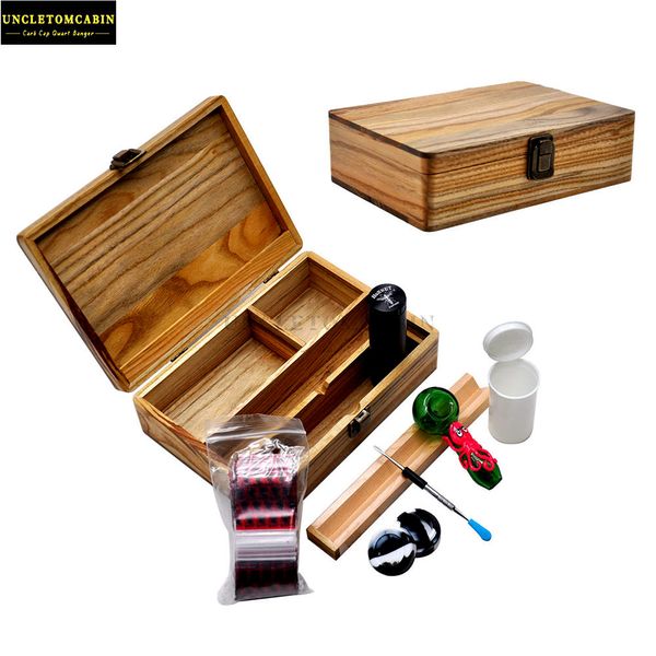 Ensemble de pipe à tabac boîte de cachette en bois + broyeur d'herbes en aluminium avec pirogue One Hitter + outil en métal pour pot de cachette en silicone + tuyau de brûleur à mazout en verre