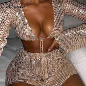 Tobinoone Sexy Lentejuelas 2 piezas Set Mujeres Crop Top y Shorts Club Outfits 2019 Verano Sexy dos piezas Vendaje Bling Conjuntos a juego X0428