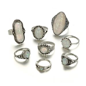 Tocona 8 teile/satz Vintage Antike Silber Farbe Ringe Sets Bunte Opal Stein Schnitzen für Frauen Männer Böhmischen Schmuck Anillos 6421
