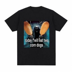 vandaag zal ik twee Corndogs grafisch T-shirt eten Skelet Meme mannen Vintage Gothic T-shirts met korte mouwen Cott Oversized T-shirts N0if #
