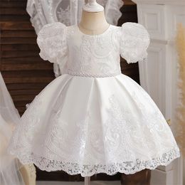 Robe de princesse brodée en dentelle blanche pour petite fille, tenue à fleurs de noël, bouffante de mariage, 240402