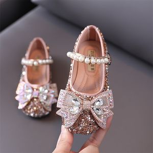 Peuter herfst baby meisje mode pailletten strass kids prinses parel bowtie platte meisjes lederen schoenen sx496 201113