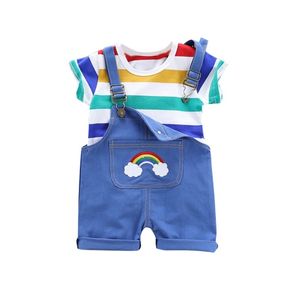 Peuter babyjongen kleding zomer kleding set baby meisjes outfits regenboog streep T-shirt + bretels broek kinderen trainingspak suits 210309