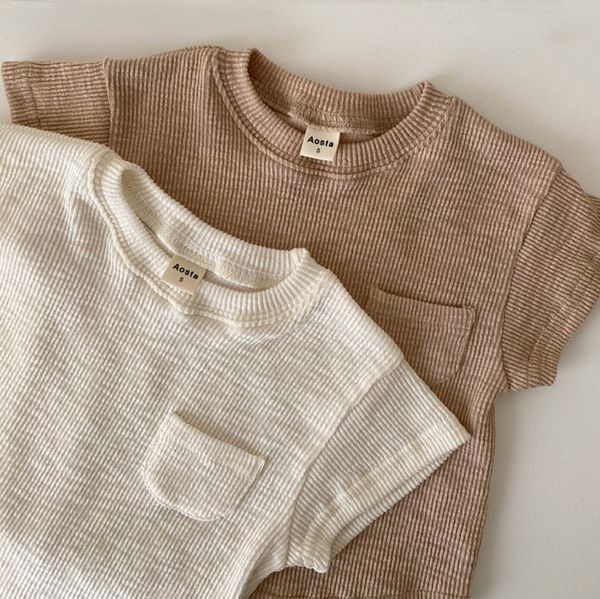 Toddler bébé garçon fille filetage solide imprimé tops d'été nouveaux enfants kid coton élasticité demi manches t-shirt 210413