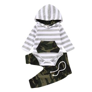 Enfant en bas âge bébé garçons vêtements 3pcs nouveau-né bébé bébé garçons sweats à capuche rayé barboteuse combinaison camouflage pantalon tenues ensemble 210226
