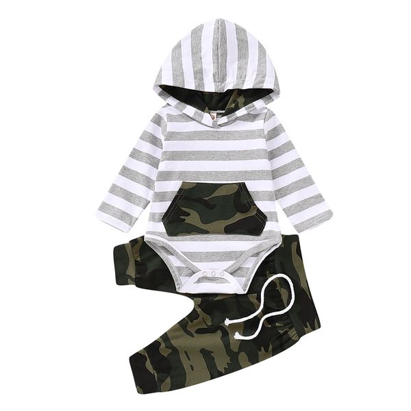 Enfant en bas âge bébé garçons vêtements 3 pièces nouveau-né bébé infantile garçons sweats à capuche rayé barboteuse combinaison Camouflage pantalon tenues ensemble 210309