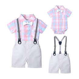 Peuter Baby Boys Clothing Set Outfits Korte mouw GLAID T-SHIRT SHORTS BROTE BROEK BOUW Tie 3 stuks Gentleman Formeel kostuum