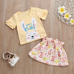 Conjunto de ropa para bebés pequeños, 2 uds., Tops con volantes y letras de conejo de pascua para niñas, conjunto de trajes con falda, disfraz para niñas, vetement enfant