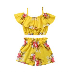 Peuter baby meisje kleding gele bloemen gegolfde riem tops vest shorts bodems zomer outfits strand kleding set