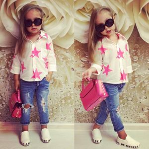 Peuter baby meisje kleding set ster lange mouw shirt + gat denim broek kinderen kleding outfits set