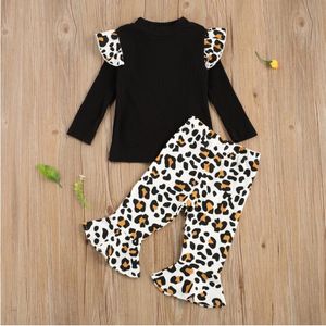 Ensemble de vêtements pour bébés filles, 2 pièces, pull à col montant, tricoté, haut en coton, imprimé léopard, pantalon Long évasé