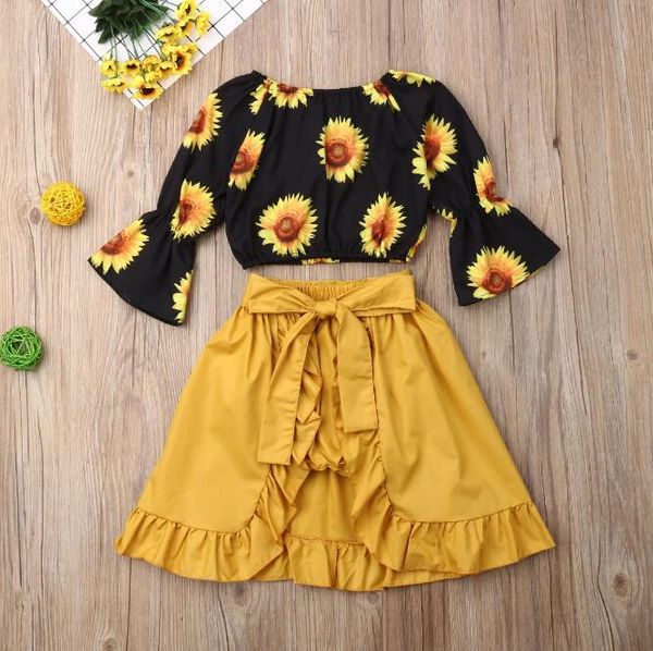 Conjuntos de ropa para niñas pequeñas con hombros descubiertos estampado de girasol acampanado manga larga Crop Tops tutú pantalones cortos falda 3 uds trajes