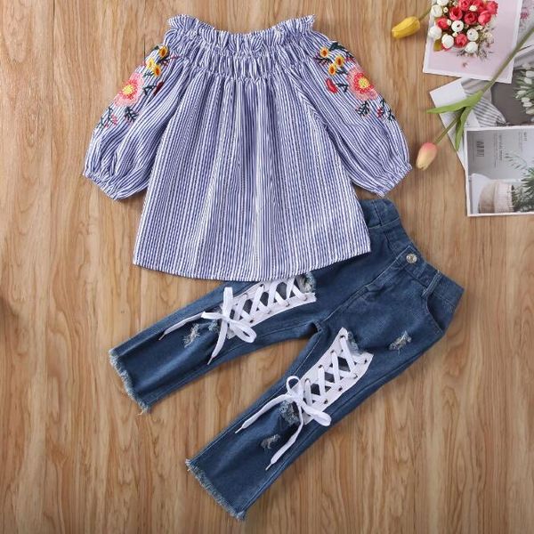 Enfant en bas âge bébé fille vêtements ensembles rayé fleur imprimer à manches longues à volants hauts déchiré réticulaire Denim pantalon 2 pièces tenues ensemble