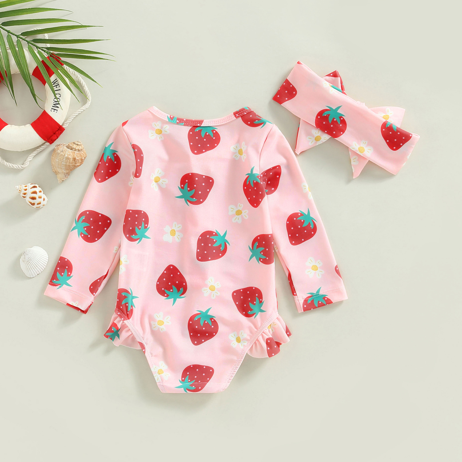 Toddler Baby Girl Swimsuits Strawberry Print Zipper Jumpsuit Swimwear and Headband Beachwear Bathing Suits 6M-3T
