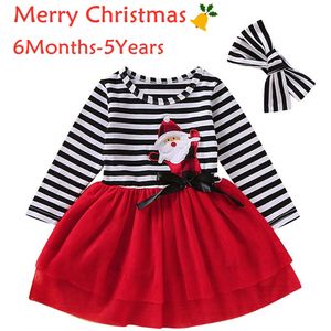 Peuter Baby Meisjes Kerst Santa Striped Print Tule Lange Mouwen Jurk + Hoofdband Outfits Set