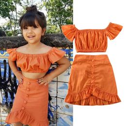 Toddler Baby Girls Clothes Kids Orange Off Houple Crop Top Ruffle A-Line Jupe 2pcs Tenue Childrens Vêtements Ensemble 1 à 6 ans d'été 240518