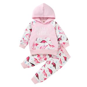 Conjuntos de ropa para niñas pequeñas, Sudadera con capucha con estampado de letras bonitas, Tops rosas de otoño + pantalones con estampado de dinosaurio de dibujos animados, trajes informales para niños