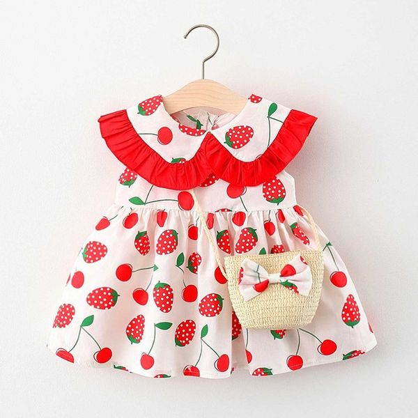 Vestido de verano para niñas pequeñas con bolsa, cuello Peter Pan para niños, estampado de fresa, vestidos diarios informales para niñas de 18 a 24 meses, 3 a 4 años Q0716