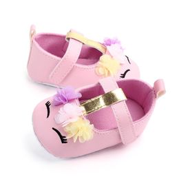 Toddler Baby Girls Fleur Chaussures Unicorn Chaussures en cuir Soft Sole Crib Shoes printemps Automne First Walkers 0-18M290V