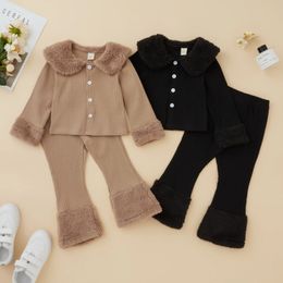 Enfant en bas âge bébé filles tricotées survêtements décontracté automne hiver revers bouton à manches longues veste pantalon enfants en peluche vêtements d'extérieur ensemble 240113