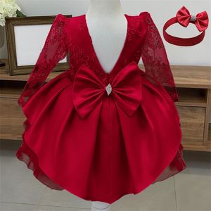 Peuter baby meisjes rode verjaardag prinses jurken kinderen herfst / winter lange mouw backless kleding bloem meisje bruiloft kanten jurk 220422