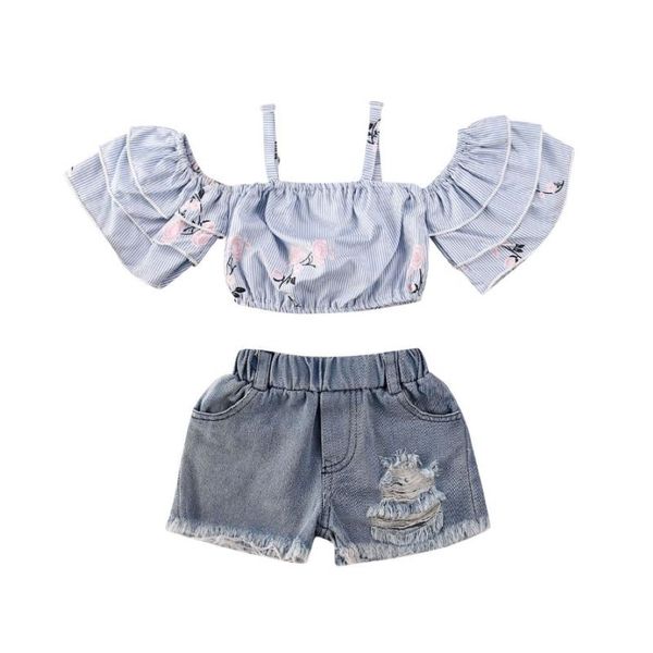 Toddler Baby Kids Girls Clothes Off Baucher T-shirt Tops Tops Denim Jupe Shorts Fits Baby Clothing Set 2789