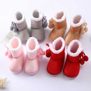 Peuter Baby Effen Kleur Plus Fluwelen Katoenen Schoenen Pasgeboren Dubbele Pompom Soft Sole Snowboots Baby First Walker for Girls Boys G1023