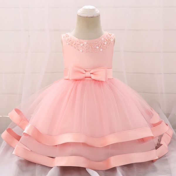 Vestido de princesa de bautismo con cuentas para niños pequeños, vestidos de fiesta de bautizo con lazo para boda blanca de tul para niñas pequeñas, ropa para bautizo 240226