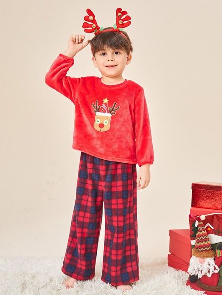 Ensemble pyjama avec haut en flanelle et pantalon tartan brodé d'élan de noël pour tout-petits garçons, SHE