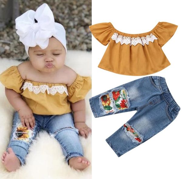 Sets de ropa para niños pequeños Ropa de bebé Color sólido Color Sólido Off Hombro Tops Tops Ripped Jeans Pantalones de girasol 2pcs Trajes Verano