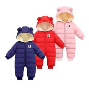 Peuter Coveralls Romper Katoen Pasgeboren Baby Winter Romper Lange Mouw Rits Cartoon Oor Hooded Infant Jumpsuit Down Snowsuit H0909