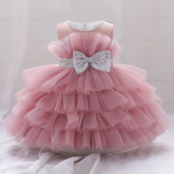 Robes de soirée de mariage rose moelleux pour bébé de 28 ans, avec nœud à paillettes, en Tulle, pour baptême, anniversaire, vêtements de princesse en dentelle, été 240311