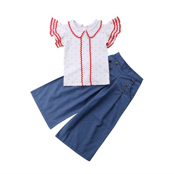 Toddler Girl Clothes 2018 Marque New Vêtements enfants Vêtements bébé filles ensembles de manches courtes Dot T-shirt Tops Bleu Large Leg Flare Pants