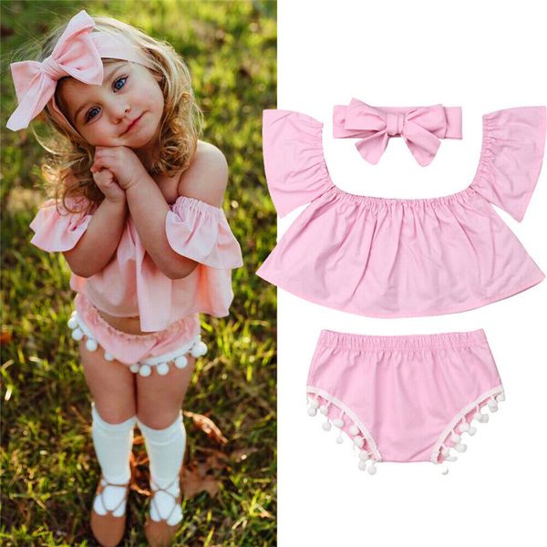 Conjunto de ropa para niña pequeña 2020 Bebé recién nacido Tops con hombros descubiertos Camiseta sin mangas + Pantalones cortos + Diadema Traje de 3 piezas Ropa para bebé 2617 Q2