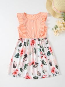 Toddler Girls 1pc Floral Print Ruffle Trim Fake Button Dress SHE