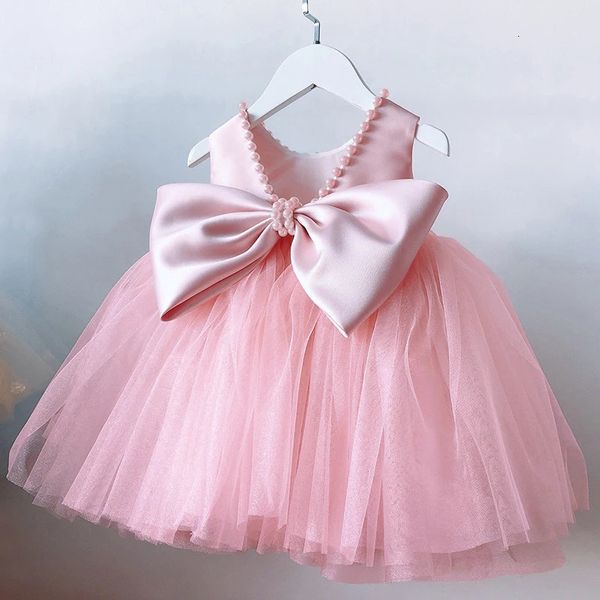 Enfant en bas âge filles 1er anniversaire vêtements dos nu arc mignon bébé robe de baptême enfants fête de mariage robe de princesse élégante pour 240301