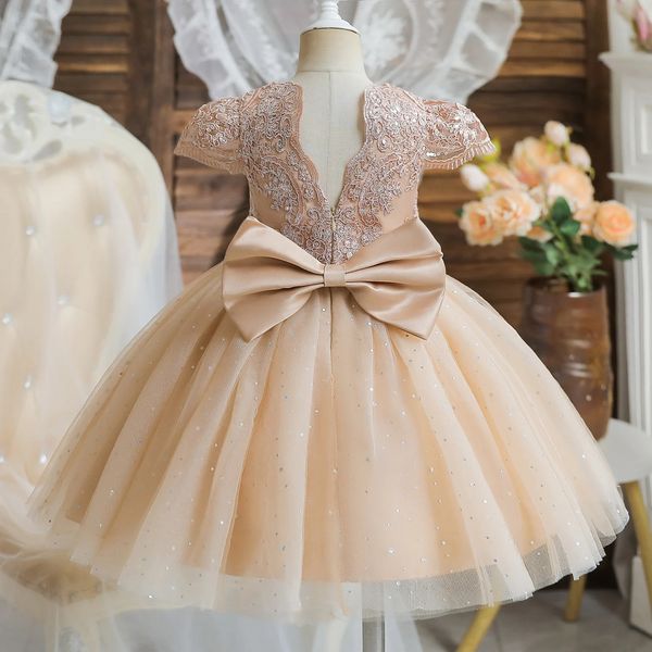 Toddler Girls 1st Birthday Party Robes Cute Bow Kids Kids Princess Lace Tulle Robe Boue Flower Girls Robes pour mariage 1-5 Année 240327