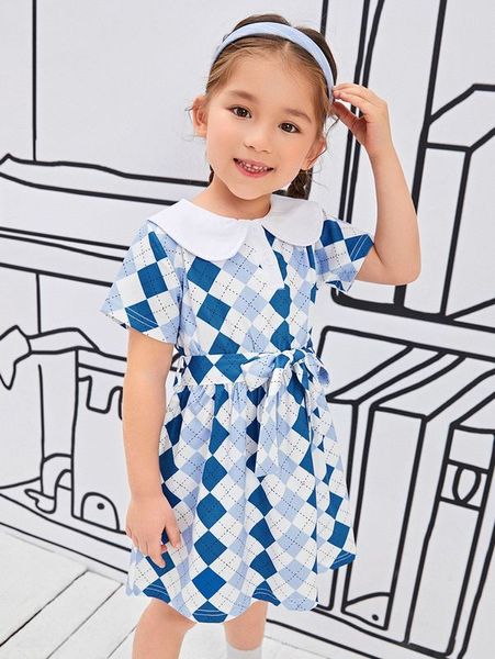 Robe ceinturée à col tendance contrasté imprimé Argyle pour petites filles SHE