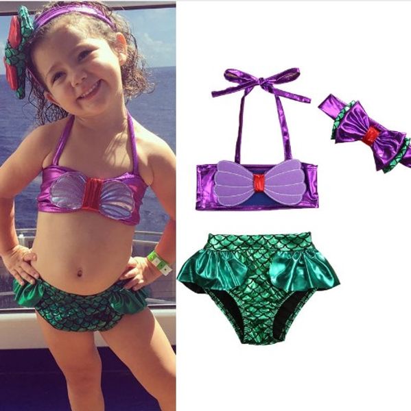 Ensemble Bikini 3 pièces pour petites filles, maillot de bain sirène avec bandeau, ensemble de vêtements de plage petite princesse