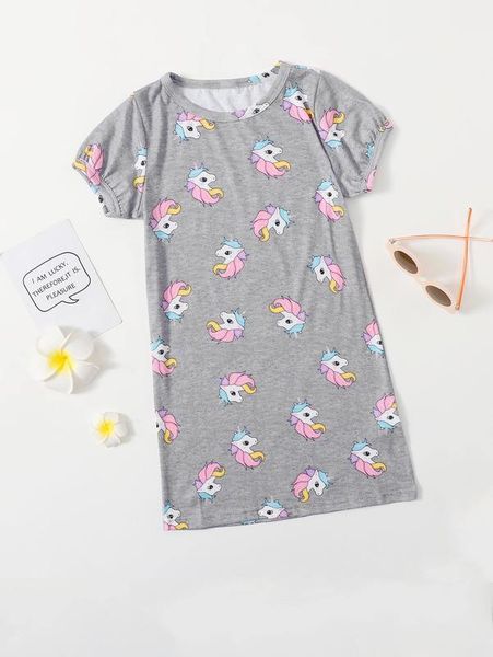 Vestido estilo camiseta con estampado de unicornio de dibujos animados para niñas pequeñas SHE