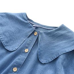 Peutermeisjes Denim jurk, lange mouw pop kraag Button Down Fall Dress met riem G1026