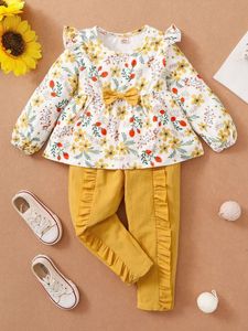 Pantalon à imprimé floral pour petites filles, haut à basque avec nœud sur le devant et bordure à volants, SHE