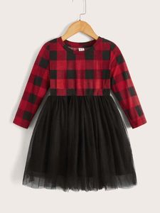 Robe en maille contrastée à carreaux vichy pour petites filles SHE