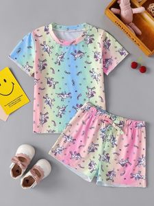 Shorts con lazo en la parte delantera y camiseta con estampado de unicornio degradado para niñas pequeñas SHE