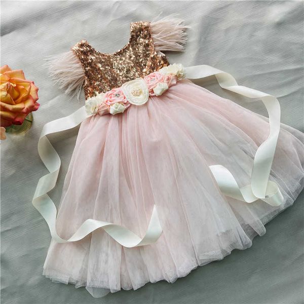 Enfant en bas âge filles rosa or sequin longue robe pour enfants conte de fées enfants plume flutter manches avec fleurs ceinture 210529