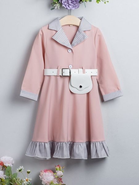 Robe chemise rayée à ourlet à volants et ceinture avec sac ceinture pour toute-petite fille SHE