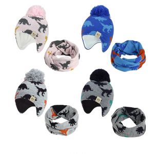 Peuter hoed gebreide baby oor hoeden met sjaal pasgeboren pompom beanie halsdoek sets winter jongens bonnet kinderen accessoires 4 kleuren DW5973